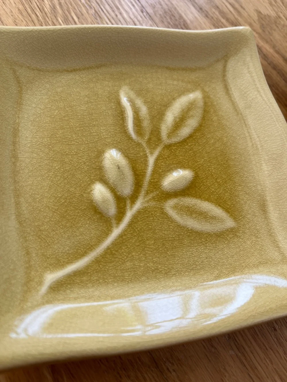 Tag Ceramic Square Dishes with Olive Branch Motif in Soft Yellow